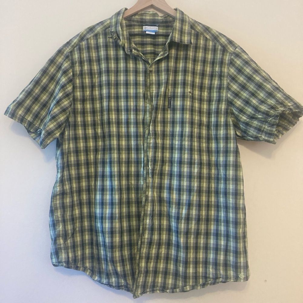 Columbia 2X Button Down Plaid Short Sleeved Top Green Gray Plaid
